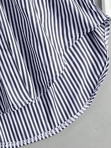 INAWLY Women's Oversized Striped Casual Shirt, Short Front Long Back Design,Long Sleeve Tops Navy Blue