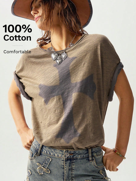 Bohemela Classic Solid Knit Round Neck Loose Wash Women Short Sleeve T-Shirt Army Green