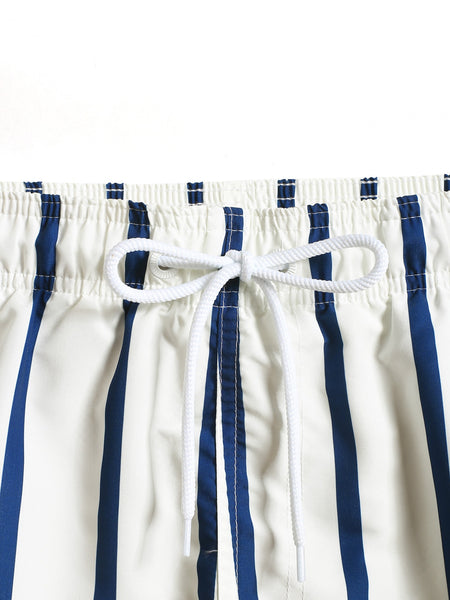 Manfinity Swimmode Men Striped Letter Patched Detail Drawstring Waist Swim Shorts Pool Shorts For Beach, Vacation White