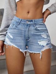 SHEIN EZwear Ripped Raw Trim Denim Shorts Light Wash