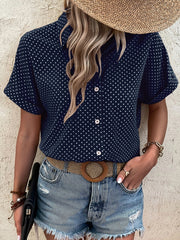 EMERY ROSE Polka Dot Print Batwing Sleeve Shirt Navy Blue