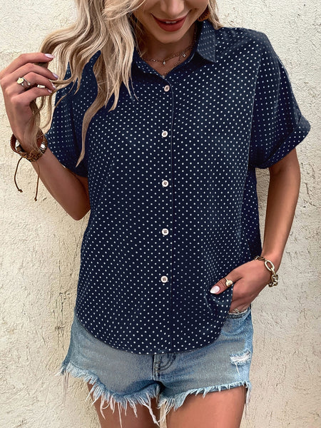 EMERY ROSE Polka Dot Print Batwing Sleeve Shirt Navy Blue