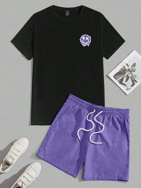 Manfinity UrbanChill Men Cartoon Graphic Tee & Drawstring Waist Shorts Violet Purple