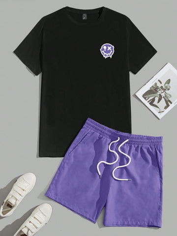 Manfinity UrbanChill Men Cartoon Graphic Tee & Drawstring Waist Shorts Violet Purple