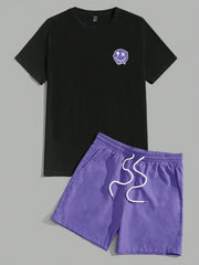 Manfinity UrbanChill Men Cartoon Graphic Tee & Drawstring Waist Shorts Violet Purple