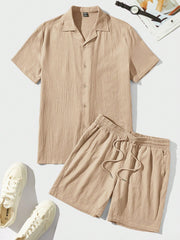 Manfinity VCAY Loose Fit Men's Solid Color Button Front Shirt & Shorts Set Khaki