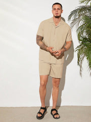 Manfinity VCAY Loose Fit Men's Solid Color Button Front Shirt & Shorts Set Khaki