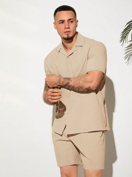 Manfinity VCAY Loose Fit Men's Solid Color Button Front Shirt & Shorts Set Khaki
