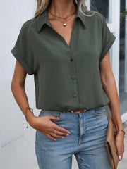 SHEIN LUNE Solid Batwing Sleeve Button Front Shirt,Short Sleeve Tops Army Green