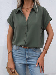 SHEIN LUNE Solid Batwing Sleeve Button Front Shirt,Short Sleeve Tops Army Green