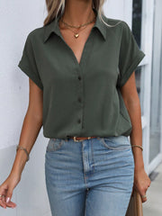 SHEIN LUNE Solid Batwing Sleeve Button Front Shirt,Short Sleeve Tops Army Green