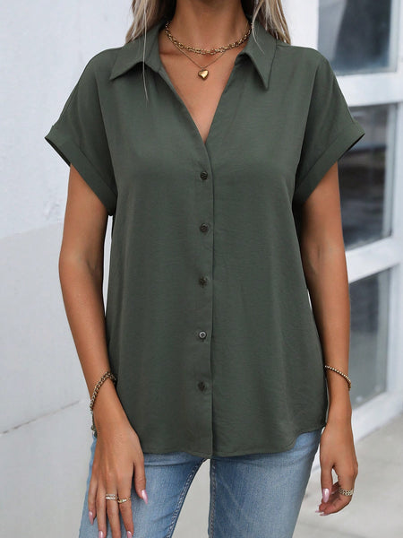 SHEIN LUNE Solid Batwing Sleeve Button Front Shirt,Short Sleeve Tops Army Green