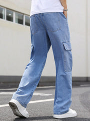 Manfinity EMRG Men's Casual Cargo Jeans With Flap Side Pockets, Plain Long Baggy Cargo Navy Blue Washed Cargo Jeans, For Husband, Boyfriend Gifts Blue