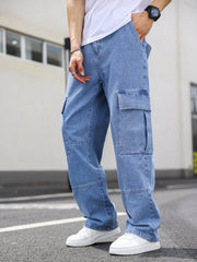 Manfinity EMRG Men's Casual Cargo Jeans With Flap Side Pockets, Plain Long Baggy Cargo Navy Blue Washed Cargo Jeans, For Husband, Boyfriend Gifts Blue
