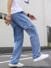 Manfinity EMRG Men's Casual Cargo Jeans With Flap Side Pockets, Plain Long Baggy Cargo Navy Blue Washed Cargo Jeans, For Husband, Boyfriend Gifts Blue