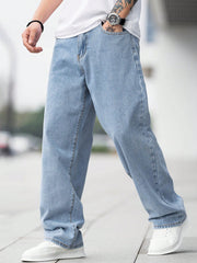 Manfinity Hypemode Loose Fit Men's Cotton Jeans With Slant Pockets Baggy Long Washed Skater Jean Cargo Plain Light Blue Going Out Y2K Friends Light Wash