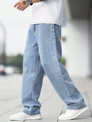 Manfinity Hypemode Loose Fit Men's Cotton Jeans With Slant Pockets Baggy Long Washed Skater Jean Cargo Plain Light Blue Going Out Y2K Friends Light Wash