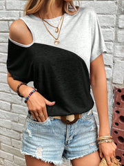 SHEIN Clasi Color Block Hollow Out Short Sleeve T-Shirt Light Grey