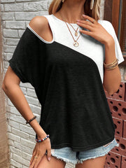 SHEIN Clasi Color Block Hollow Out Short Sleeve T-Shirt Light Grey
