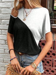 SHEIN Clasi Color Block Hollow Out Short Sleeve T-Shirt Light Grey