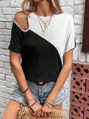SHEIN Clasi Color Block Hollow Out Short Sleeve T-Shirt Light Grey