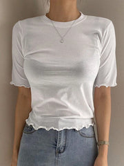 DAZY Women's Solid Color Slim Fit T-Shirt With Flounced Edges White