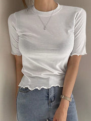 DAZY Women's Solid Color Slim Fit T-Shirt With Flounced Edges White