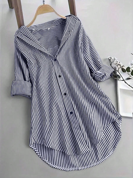 INAWLY Women's Oversized Striped Casual Shirt, Short Front Long Back Design,Long Sleeve Tops Navy Blue