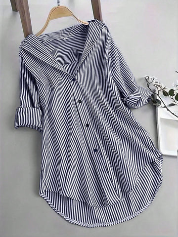 INAWLY Women's Oversized Striped Casual Shirt, Short Front Long Back Design,Long Sleeve Tops Navy Blue