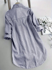 INAWLY Women's Oversized Striped Casual Shirt, Short Front Long Back Design,Long Sleeve Tops Navy Blue