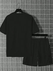 Manfinity Homme Men's Solid Color Short Sleeve Round Neck T-Shirt And Drawstring Waist Shorts 2pcs/Set Black