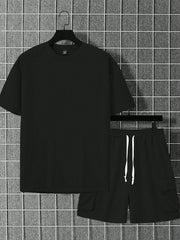 Manfinity Homme Men's Solid Color Short Sleeve Round Neck T-Shirt And Drawstring Waist Shorts 2pcs/Set Black