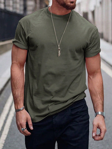 Manfinity Homme Men's Solid Color Round Neck Short Sleeve Casual T-Shirt Army Green