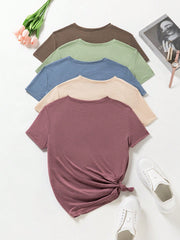INAWLY Crew Neck Solid Color Short Sleeve Women's T-Shirt Multicolor