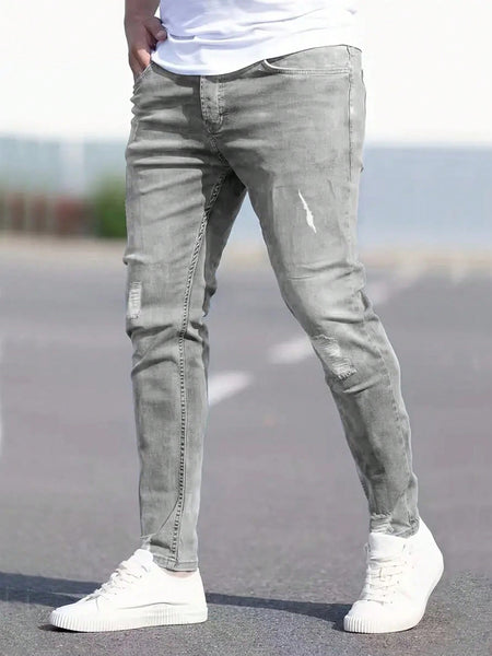 Men's Stylish Slim Fit Distressed Jeans Grey