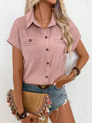 EMERY ROSE Women Summer Solid Color Pleated Batwing Short-Sleeved Casual Shirt,Short Sleeve Tops Dusty Pink