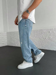 Men Ripped Straight Leg Jeans Light Wash