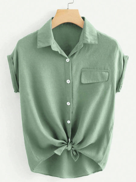 SHEIN LUNE Rolled Cuff Knotted Hem Shirt Mint Green