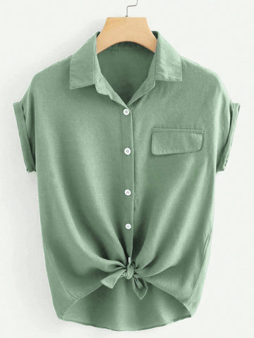SHEIN LUNE Rolled Cuff Knotted Hem Shirt Mint Green