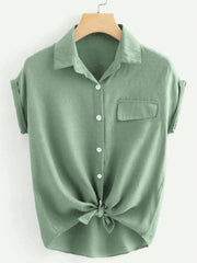 SHEIN LUNE Rolled Cuff Knotted Hem Shirt Mint Green