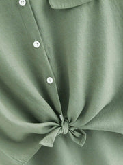 SHEIN LUNE Rolled Cuff Knotted Hem Shirt Mint Green
