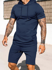 Manfinity Homme Men Summer Daily Wear Plain Hoodie And Shorts Set Navy Blue