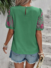 EMERY ROSE Women Embroidered Print Round Neck Shirt,Short Sleeve Tops Dark Green