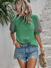 EMERY ROSE Women Embroidered Print Round Neck Shirt,Short Sleeve Tops Dark Green