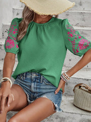 EMERY ROSE Women Embroidered Print Round Neck Shirt,Short Sleeve Tops Dark Green