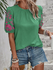 EMERY ROSE Women Embroidered Print Round Neck Shirt,Short Sleeve Tops Dark Green