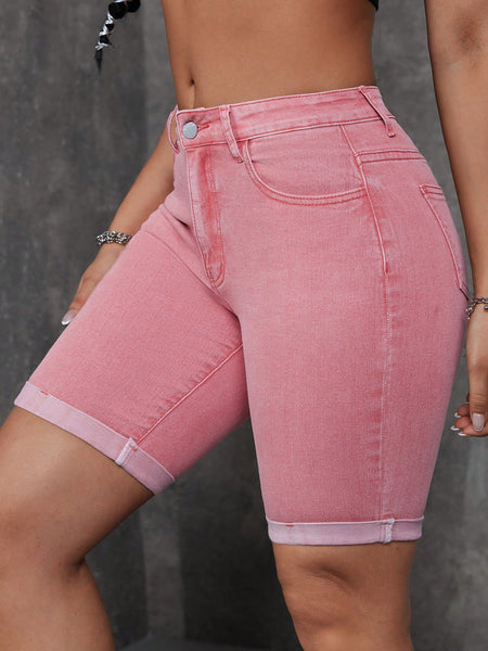 Ladies Rolled-Up Stylish Casual Jeans Shorts Red