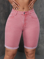 Ladies Rolled-Up Stylish Casual Jeans Shorts Red