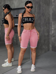 Ladies Rolled-Up Stylish Casual Jeans Shorts Red