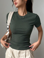 DAZY Women Fashionable Slim Fit Solid Color Short Sleeve T-Shirt Dark Green